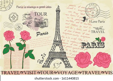 Retro postcard with Eiffel tower in Paris, France. Vector illustration. Vintage design with hand drawn sketch. Line art style.