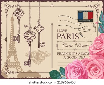 Retro postcard with Eiffel tower in Paris, France. Vector postcard in vintage style with beautiful pink roses, ornate old keys, keyhole, postmark and words I love Paris on an old paper background