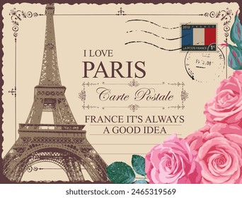 Postal retro con la torre Eiffel en París, Francia. Postal romántica de Vector en estilo vintage con rosas rosas rosas, sello de goma y palabras Me encanta París sobre fondo de papel antiguo