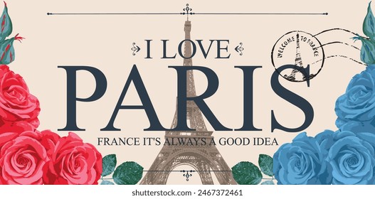 Retro postcard with Eiffel tower in Paris, France. Romantic vector postcard in vintage style with color france flag roses, rubber stamp and words I love Paris on background of old paper