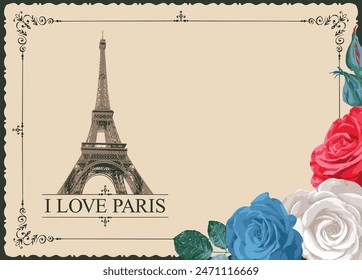 Retro postcard with Eiffel tower in Paris, France. Romantic vector postcard in vintage style with color france flag roses and words I love Paris on background of old paper