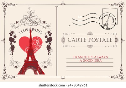 Retro postcard with Eiffel tower in Paris, France. Romantic vector postcard in vintage style with rubber stamp, sign heart and words I love Paris on background of old paper