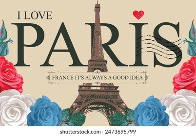 Retro postcard with Eiffel tower in Paris, France. Romantic vector postcard in vintage style with color france flag roses and words I love Paris on background of old paper