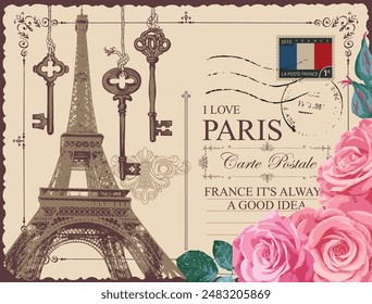 Retro postcard with Eiffel tower in Paris, France and vintage key. Romantic vector postcard in vintage style with pink roses and words I love Paris on background of old paper