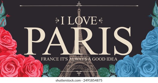 Retro postcard with Eiffel tower in Paris, France. Romantic vector postcard in vintage style with color france flag roses and words I love Paris on background of old paper