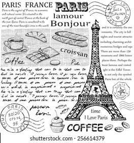 Retro postcard with Eiffel tower in Paris, France. Vector illustration. Vintage design with hand drawn sketch. Line art style.