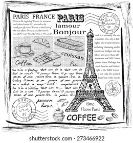 Retro postcard with Eiffel tower in Paris, France. Vector illustration. Vintage design with hand drawn sketch. Line art style.