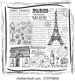 Retro postcard with Eiffel tower in Paris, France. Vector illustration. Vintage design with hand drawn sketch. Line art style.