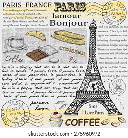 Retro postcard with Eiffel tower in Paris, France. Vector illustration. Vintage design with hand drawn sketch. Line art style.