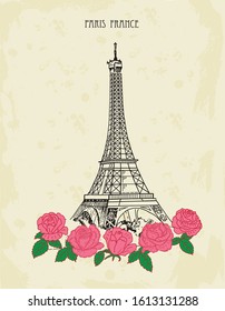 Postal retro con torre Eiffel y rosas rosas rosas rosas.París, Francia. El vector esboza el fondo de la ilustración dibujada a mano. Cartel, publicidad y diseño de folletos. Estilo de línea artística.