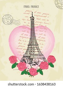 Retro postcard with Eiffel tower and pink roses. Paris, France. Vector sketches hand drawn illustration background. Poster, booklet advertising and design. Line art style.