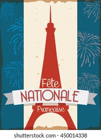 Retro postcard with Eiffel Tower silhouette with a lot of fireworks to celebrate National Day of France (text in French).