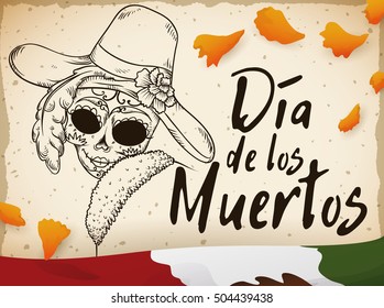Retro postcard with elegant hand drawn catrina design with some petals of marigold scattered around and Mexican flag, commemorating "Dia de Muertos" (translate from Spanish: "Day of the Dead").