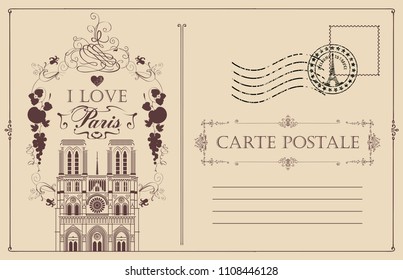 Retro postcard with famous Cathedral of Notre Dame de Paris, France. Vector postcard in vintage style with french landmark, vignette, rubber stamp and words I love Paris