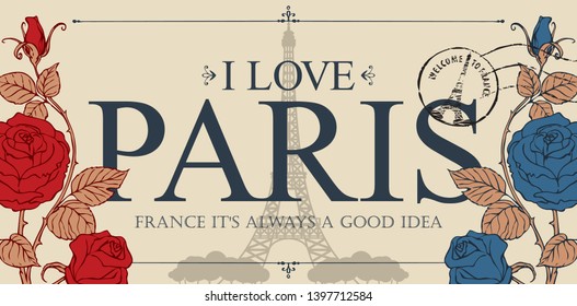 Retro postcard with the famous french Eiffel tower in Paris, France. Vector postcard in vintage style with words I love Paris, french landmark, roses and postmark