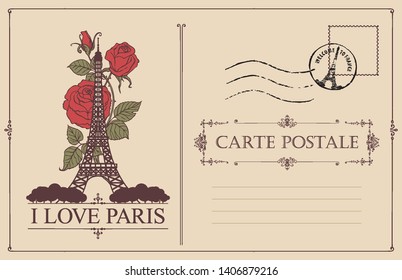 Retro postcard with the famous french Eiffel tower in Paris, France. Vector postcard in vintage style with words I love Paris, french landmark, roses, postmark and place for text