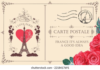 Retro postcard with the famous french Eiffel tower in Paris, France. Vector postcard in vintage style with french landmark, vignette, red heart, postmark and words I love Paris and live roses