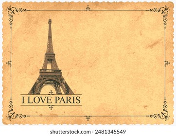 Retro postcard with the famous french Eiffel tower in Paris, France in old paper background. Vector postcard in vintage style with words I love Paris, french landmark and sign heart