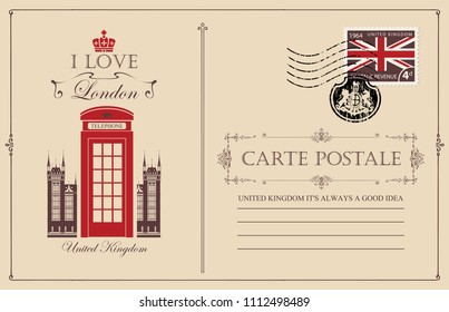 Retro postcard with the famous London telephone booth. Vector postcard in vintage style with place for text, postage stamp with flag of United Kingdom and rubber stamp in form of royal coat of arms