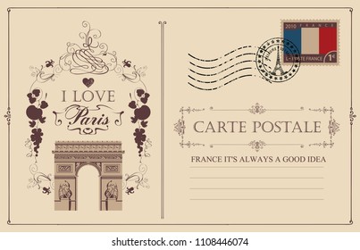 Retro postcard with famous Triumphal arch in Paris, France. Vector postcard in vintage style with french landmark, vignette, rubber stamp and words I love Paris