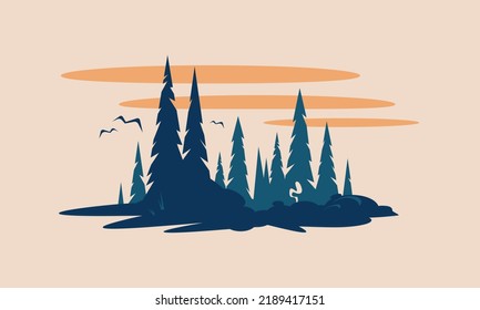 Retro Postcard Forest Hiking Nature Sunset Flat Design Vector Illustration