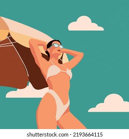 Retro postcard. The girl is sunbathing in the sun. Flat vector illustration
