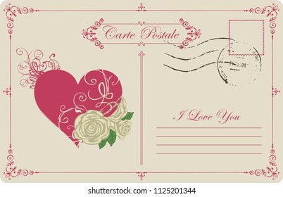 Retro postcard on the theme of declaration of love with red heart and white roses. Romantic vector card in vintage style with calligraphic inscription I love you and place for text