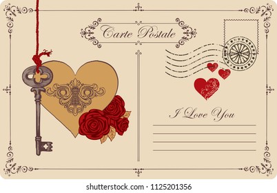 Retro postcard on the theme of declaration of love with key, keyhole in the heart and red roses. Romantic vector card in vintage style with calligraphic inscription I love you and place for text