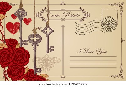 Retro postcard on the theme of declaration of love with keys, keyhole, red hearts and roses. Romantic vector card in vintage style with calligraphic inscription I love you and place for text