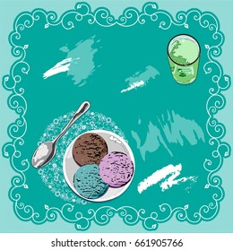 Retro postcard with ornate frame and composition of ice cream, juice, spoon and lacy doily
