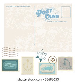 Retro Postcard and Postage Stamps - for wedding design, invitation, congratulation, scrapbook