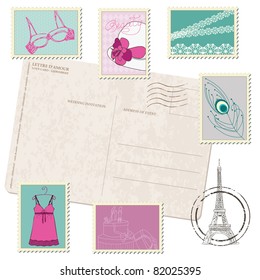 Retro Postcard with Set of Fashion Stamps
