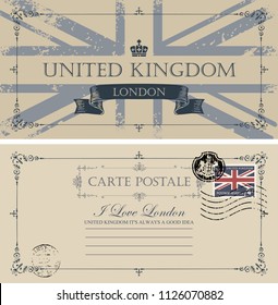 Retro postcard with UK flag and Big Ben in London. Vector postcard in vintage style with words I love London, place for text and rubber stamp in form of royal coat of arms