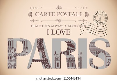 Retro postcard with words I love Paris and rubber stamp with Eiffel tower. Vintage vector card with contour drawings of the famous French architectural landmarks