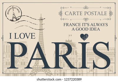 Retro postcard with words I love Paris and rubber stamp with Eiffel tower. Vintage vector card with contour drawings of the famous French architectural landmarks