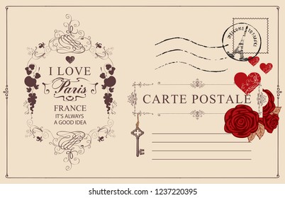 Retro postcard with words I love Paris and postmark with Triumphal arch. Romantic vector postcard in vintage style with red roses and hearts, vignette, rubber stamp and place for text