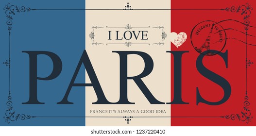 Retro postcard with words I love Paris and rubber stamp with Eiffel tower. Vector card in the colors of the French flag in figured frame in vintage style