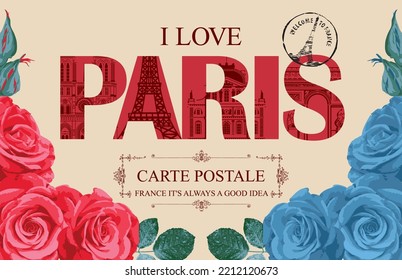 Retro postcard with words I love Paris and rubber stamp with Eiffel tower. Vintage vector card with contour drawings of the famous French architectural landmarks and French flag roses