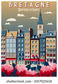 Retro poster about traveling to Brittany, France. Handmade drawing vector illustration. Vintage style. All buildings - customizable different objects.