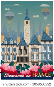 Retro poster about traveling to France. Handmade drawing vector illustration. Vintage cartoon style. All buildings - customizable different objects.