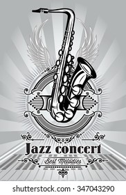 retro poster advertising for jazz concert with saxophone and piano