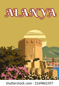 Retro Poster Alanya landmark, Turkey resort, sunset skyline. Vintage travel postcard, placard, vector