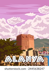 Retro Poster Alanya landmark, Turkey resort, Kizil Kule Red Towert skyline. Vintage touristic travel postcard, placard, vector