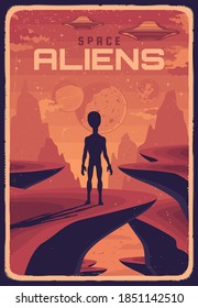 Afiche retro con alienígena y ufo en el planeta con superficie roja, visión trasera de criatura extraterrestre vector mirando en el cielo con platillos voladores. Tarjeta de exploración espacial, cosmos exteriores con estrellas y planetas