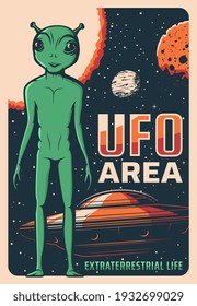 Retro poster with alien, ufo and spaceship, vector extraterrestrial comer with green skin and huge eyes. Space exploration card with shuttle in outer cosmos, stars and planets, saucer in starry sky