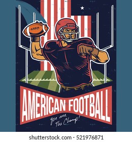 Retro poster of American Football player throwing the ball vector illustration. Isolated artwork object. Suitable for tailgate parties, football invites and any print media need.