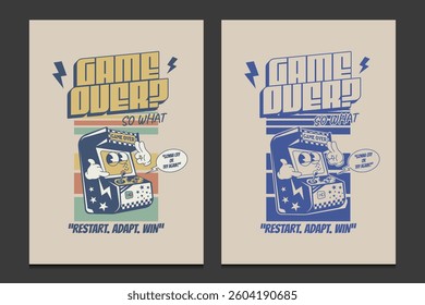 retro poster with arcade machine cartoon and motivational gaming quote, vector illustration