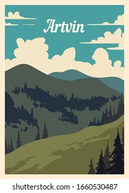 Retro poster Artvin city skyline. Artvin vintage, vector illustration.