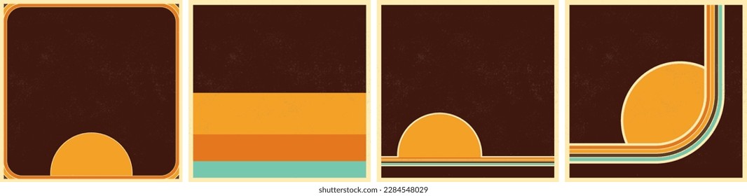 Retro Poster Artwork Set. Colorful lines with sunset on grunge textured background. 70s color palette aesthetic. Minimalist Design. Trendy Social Media Design. Textured. Vector Illustration. EPS 10.