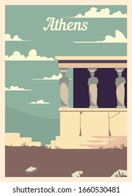 Retro poster Athens city skyline. Athens vintage, vector illustration.